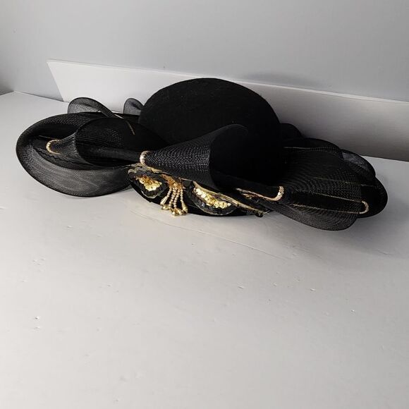 Vintage Mr. Hi's Classic Black Gold Hat Fancy Derby Sequined Mesh Embellish - Picture 2 of 8